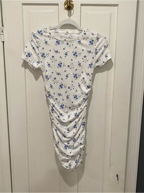 White Floral Ruched tee shirt Dress - Blue Floral Print